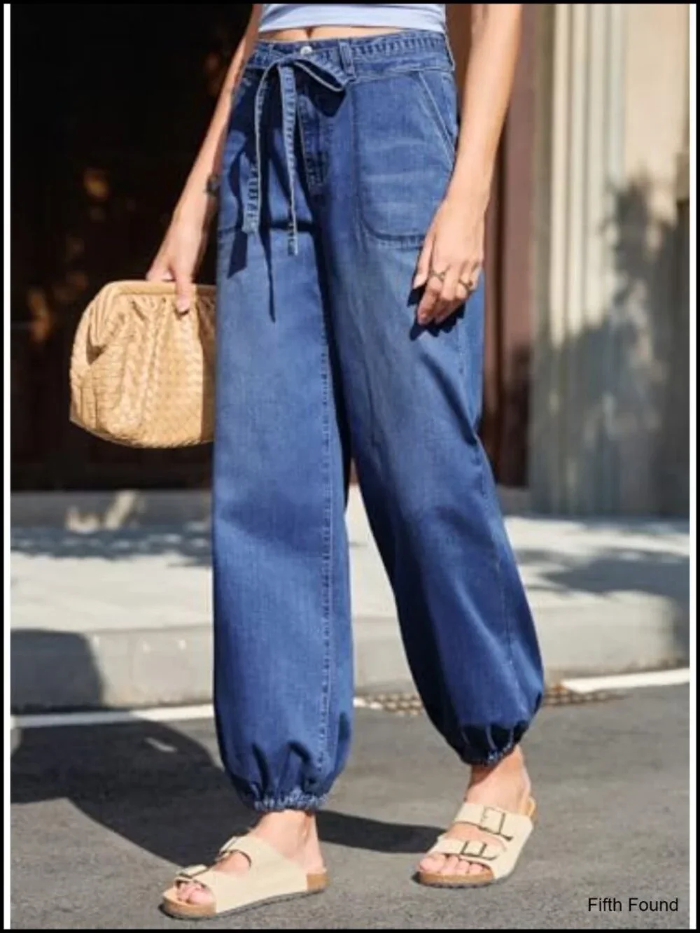 High Waisted Wide Leg Jeans with Drawstring Harem Ankle Denim Pants